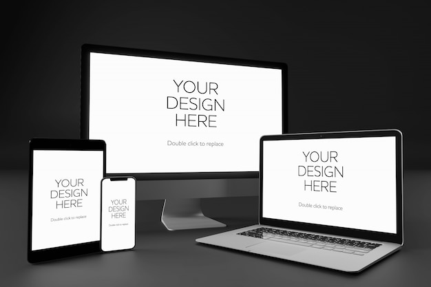 デスクトップ、ラップトップ、スマートフォン、タブレットのモックアップのビュー