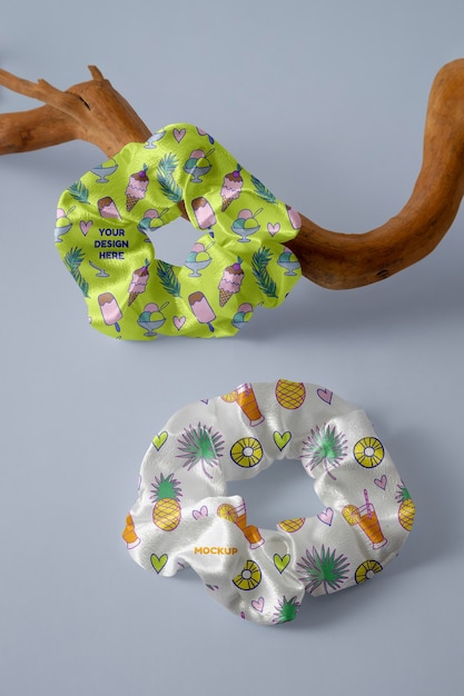View of elastic scrunchie with different patterned fabric