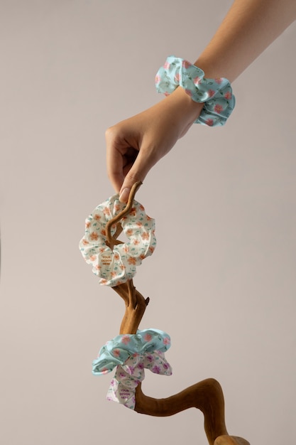 view of elastic scrunchie with different patterned fabric