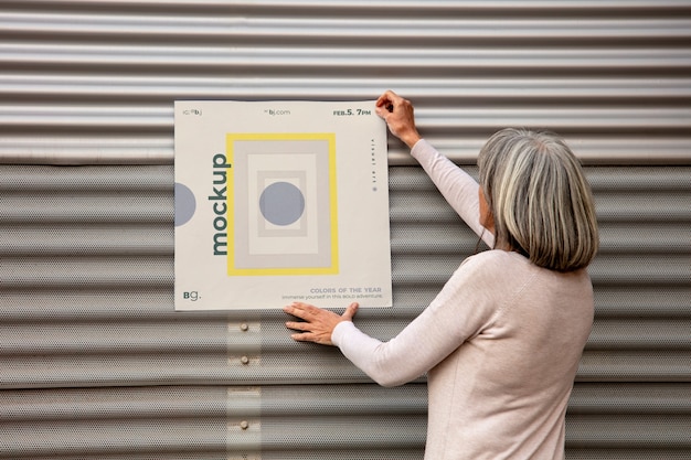 PSD view of person sticking exterior poster mock-up on wall