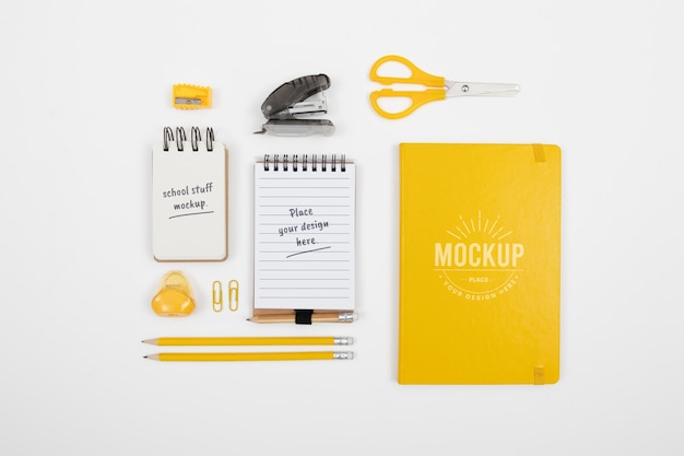 PSD above view school supplies arrangement mockup