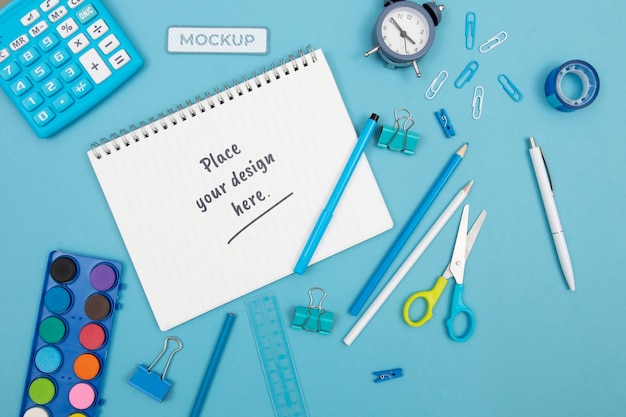 PSD above view school supplies composition mockup