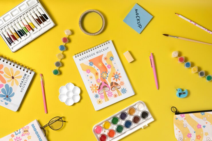 PSD above view school supplies mockup