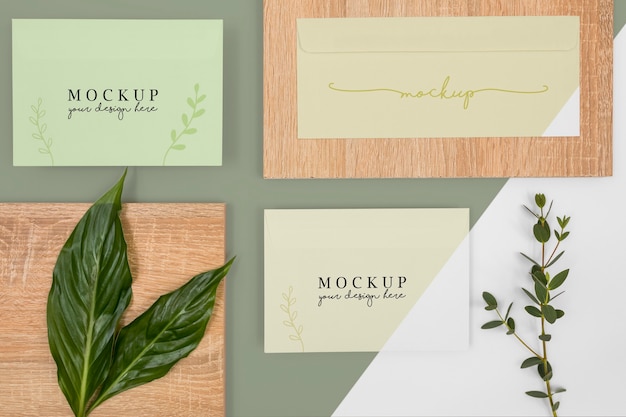 PSD above view stationery leaves and wood piece