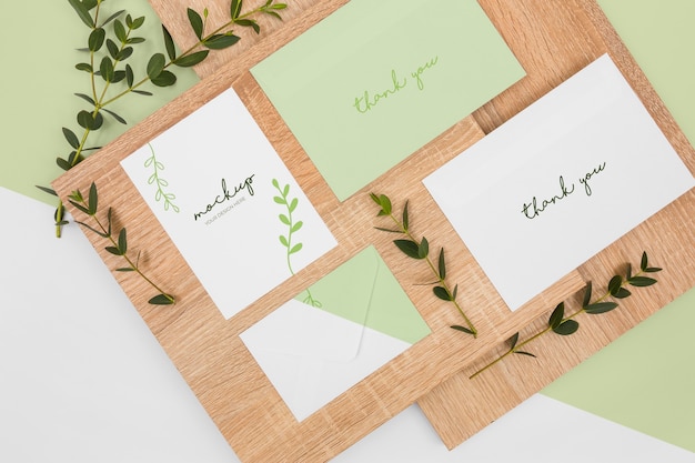 PSD above view stationery leaves and wood