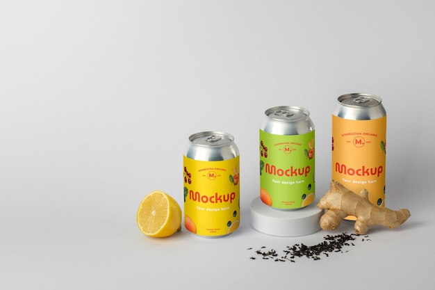 PSD view of tin can with mock-up label for kombutcha drink