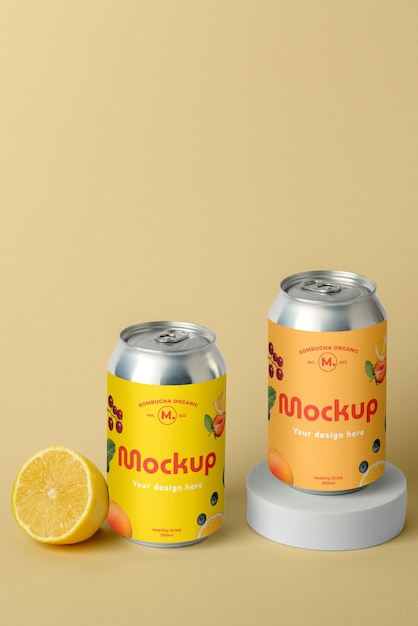 PSD view of tin can with mock-up label for kombutcha drink