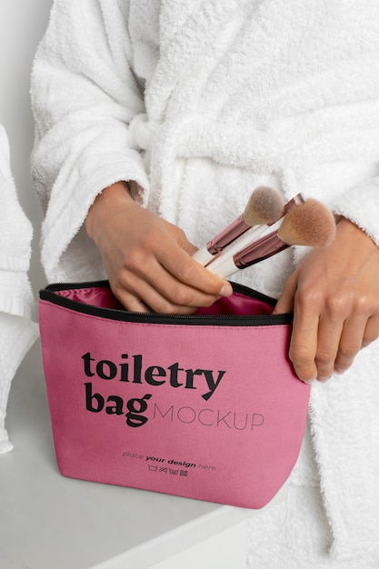 View of toiletry bag for cosmetic bathroom products