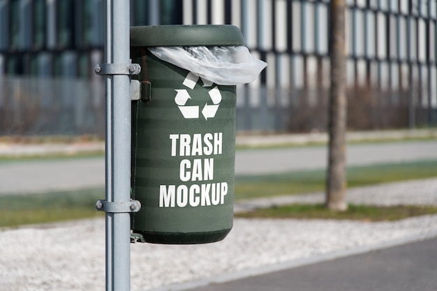 View of trash can mock-up outdoors in the street