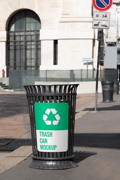 PSD view of trash can mock-up outdoors in the street