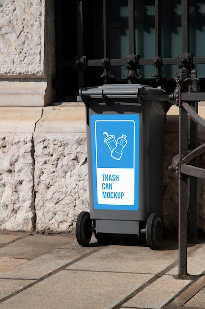 View of trash can mock-up outdoors in the street