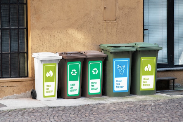 View of trash cans mock-up outdoors in the street