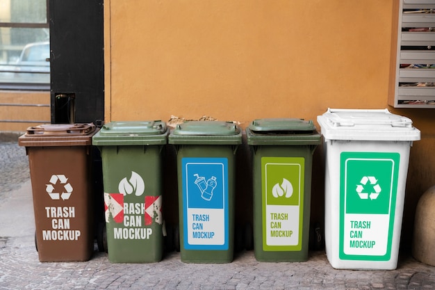 View of trash cans mock-up outdoors in the street