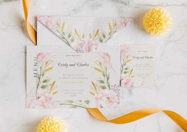 PSD above view wedding invitation with flowers