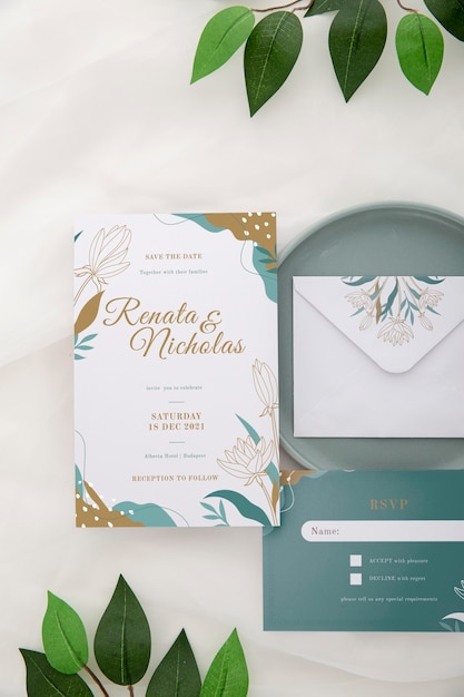 Above view wedding invitation with leaves