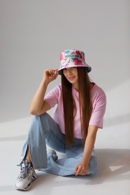 View of woman wearing a stylish bucket hat