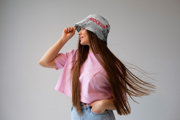 PSD view of woman wearing a stylish bucket hat