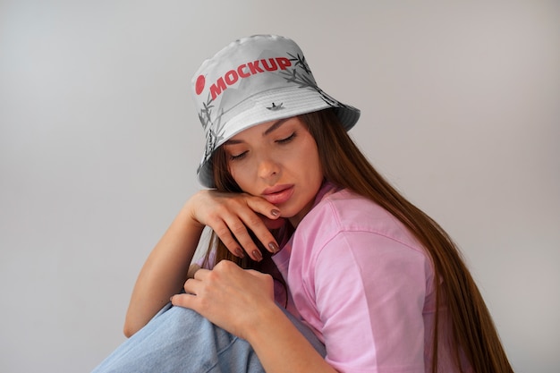 PSD view of woman wearing a stylish bucket hat