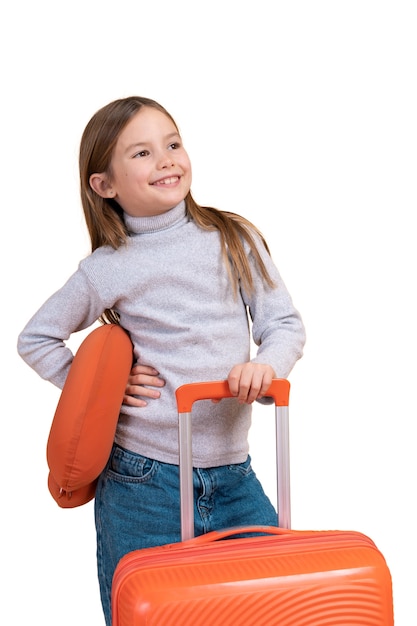 PSD view of young girl with luggage for traveling and neck pillow