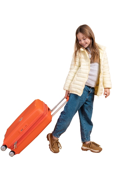 PSD view of young girl with luggage for traveling