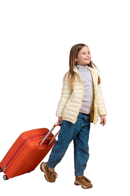 PSD view of young girl with luggage for traveling