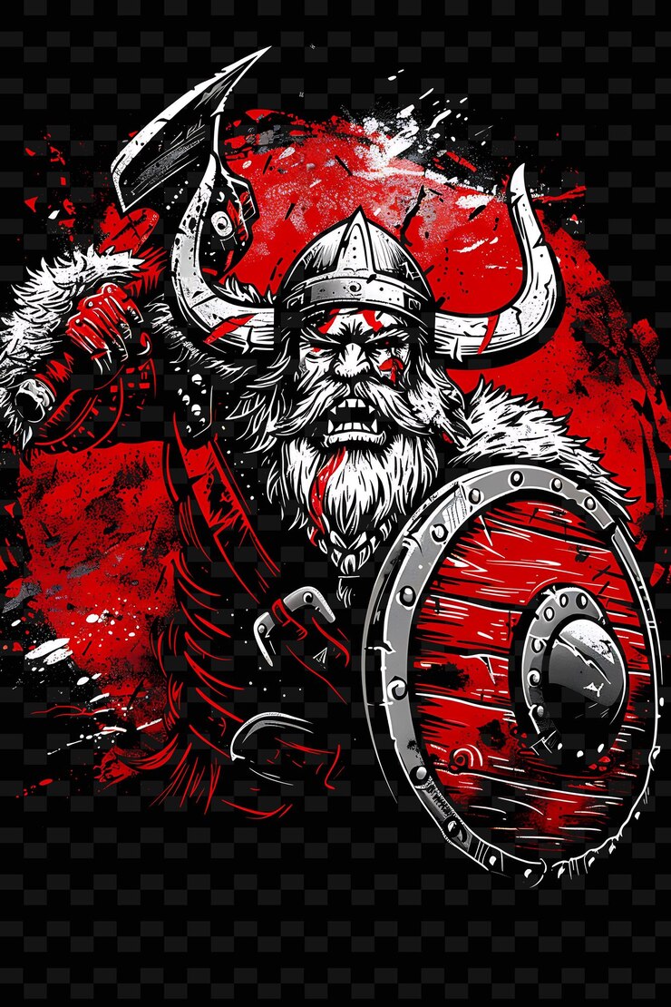 PSD viking berserker met een deense bijl en een rond schild roar flat illustratie persoonportretten