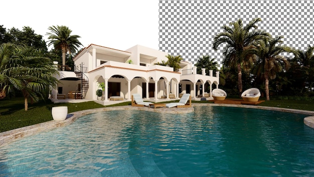 PSD the villa has a swimming pool in front of the house png transparent background 3d rendering