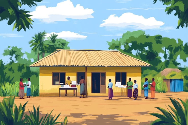 PSD village women gather outside a yellow building receiving papers