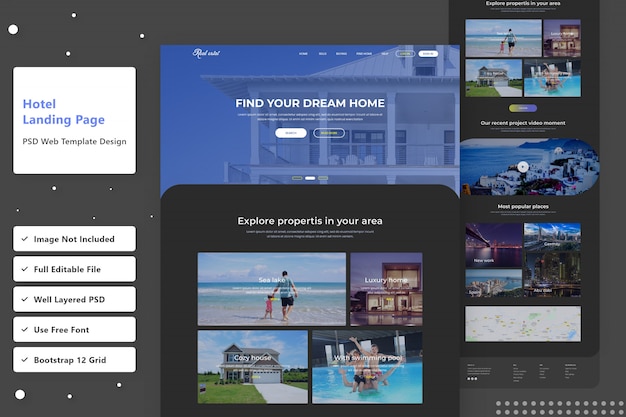 PSD vind de bestemmingspagina van de donkere hotelwebsite