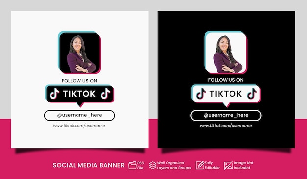 vind ons op tiktok decorontwerp twee banners voor zwarte en witte achtergrond voor sociale media