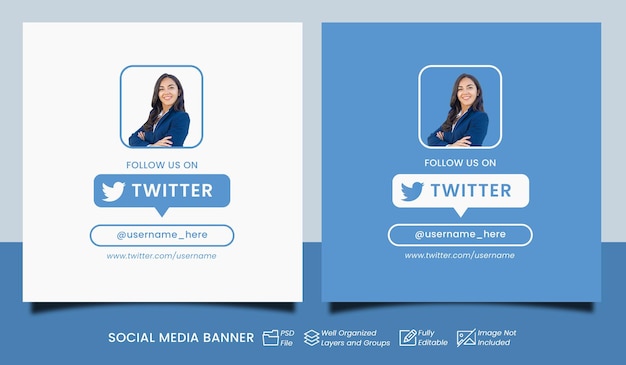 Vind ons op twitter decorontwerp twee banners voor sociale media blauwe en witte achtergrond
