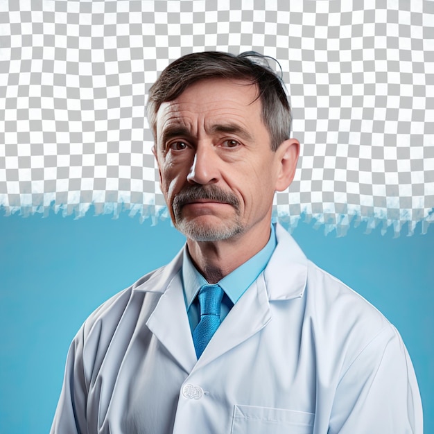 PSD a vindicated adult man with short hair from the slavic ethnicity dressed in nutritionist attire poses in a chin on hand style against a pastel blue background