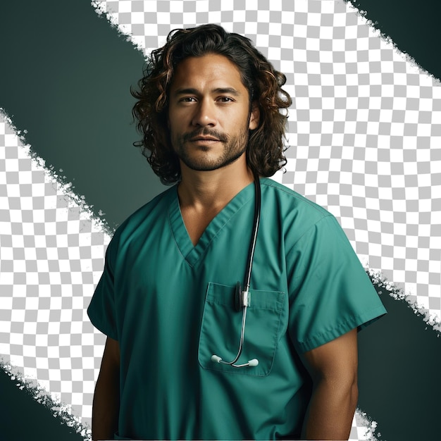 PSD a vindicated adult man with wavy hair from the native american ethnicity dressed in registered nurse rn attire poses in a standing with tilted hips style against a pastel teal background