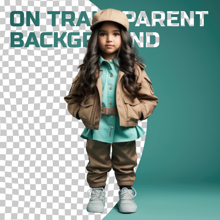 PSD a vindicated east asian park ranger with long hair relaxed stance hands in pockets on pastel turquoise