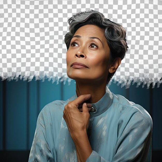 PSD a vindicated middle aged woman with short hair from the pacific islander ethnicity dressed in carpenter attire poses in a pensive look with finger on lips style against a pastel blue backgro