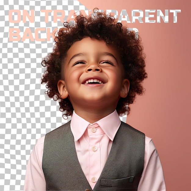 PSD a vindicated preschooler boy with curly hair from the african ethnicity dressed in barber attire poses in a eyes closed with a smile style against a pastel coral background