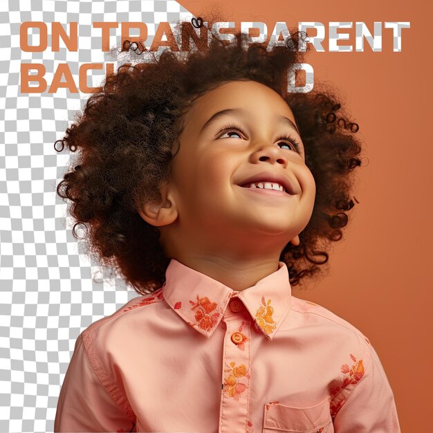 PSD a vindicated preschooler boy with curly hair from the african ethnicity dressed in barber attire poses in a eyes closed with a smile style against a pastel coral background