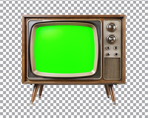 vintage 1960s television set with green screen on transparent background