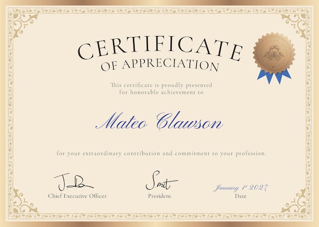 PSD vintage appreciation certificate template psd professional design in beige