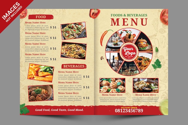 Vintage Bifold Food Menu Cover Design Premium PSD-sjabloon
