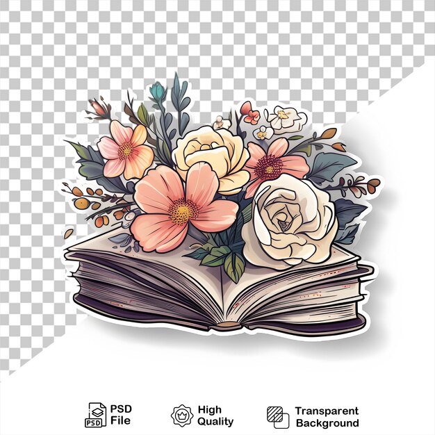 PSD adesivo di libro vintage con fiori su sfondo trasparente include file png