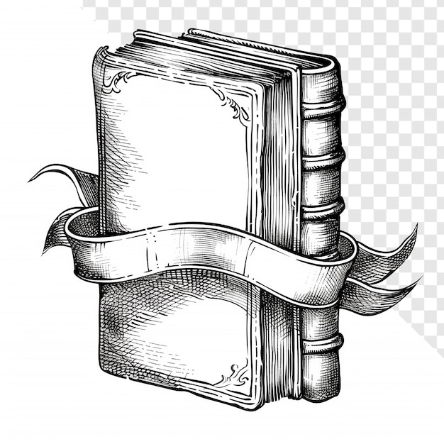 Vintage Book with Ribbon Banner Hand Drawing Black and White Transparent Background