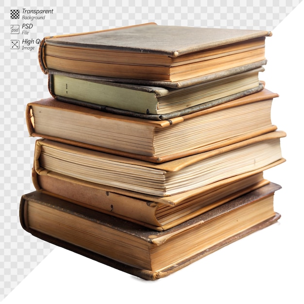 PSD vintage books stacked on isolated transparent background