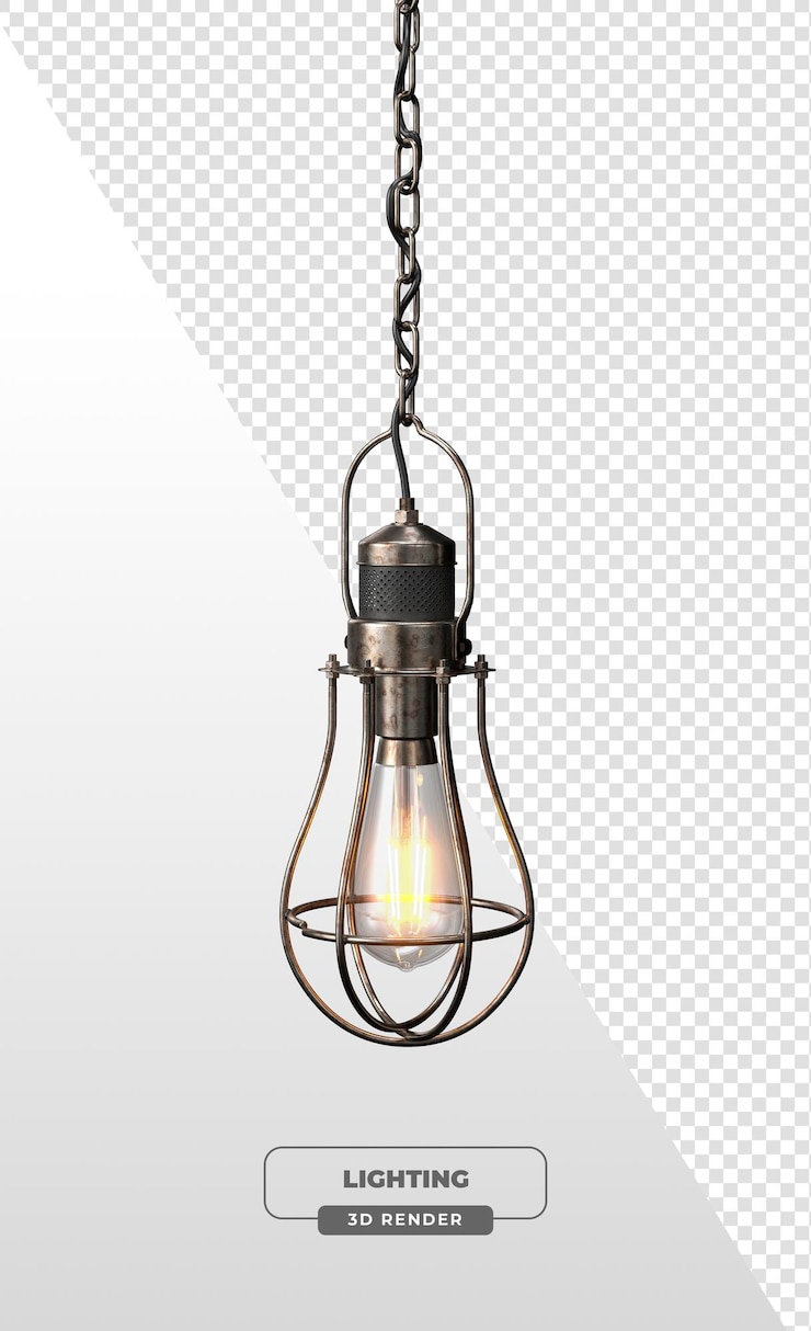 PSD 3d 렌더링으로 체인 서스펜션과 농촌 마감으로 빈티지 케이지 펜던트 라이트 (vintage cage pendant light with chain suspension and rustic finish)