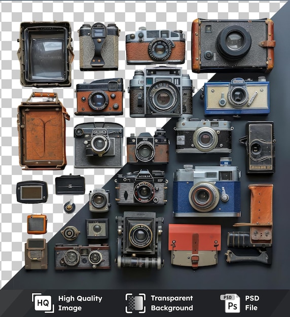 PSD vintage camera collectie geplaatst tegen blauwe muur met zilveren blauwe oranje en zilveren en grijze camera's