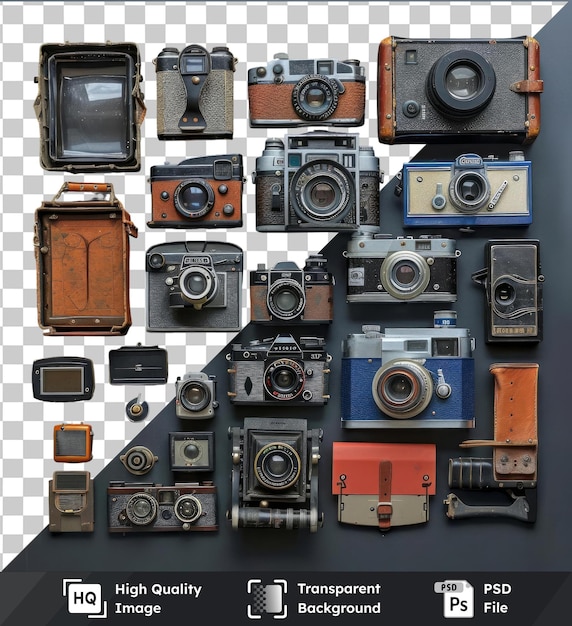 Collezione di fotocamere d'epoca disposta contro una parete blu con fotocame argentate blu arancione e argento e grigio