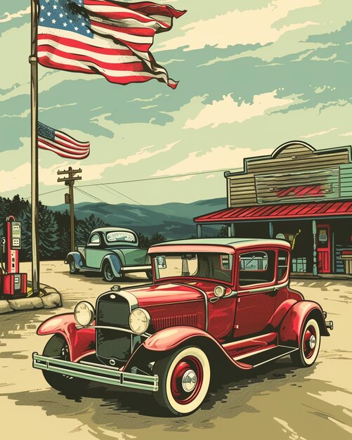PSD アメリカ国旗のポスターデザインのテンプレートを持つヴィンテージカー