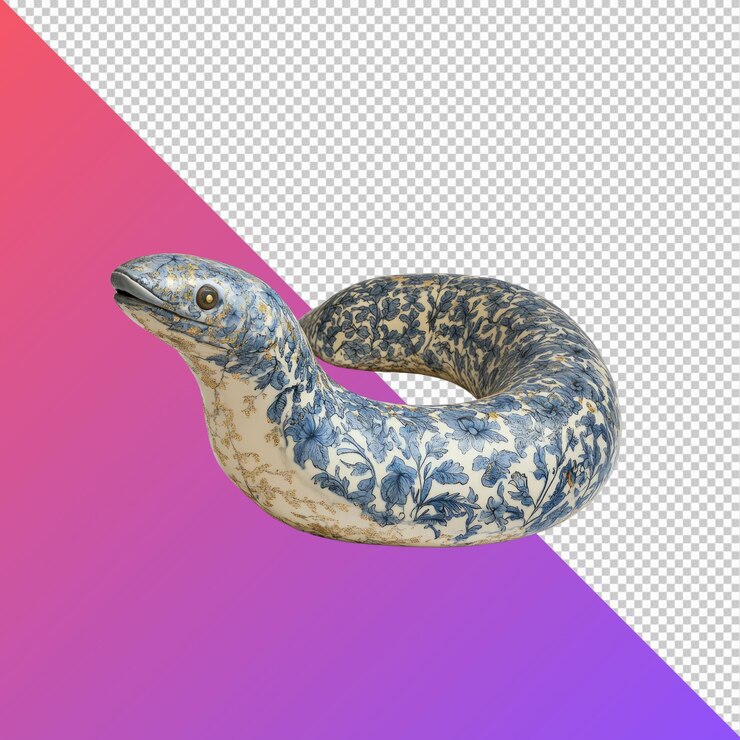 PSD vintage ceramic snake sculpture with blue and white floral pattern