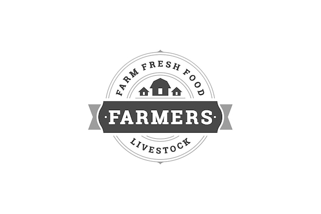 vintage circle farm market logo design template village house and festive ribbon