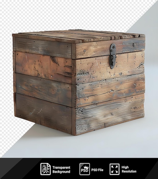 PSD vintage closed wooden box with metal latch against a white wall casting a dark shadow